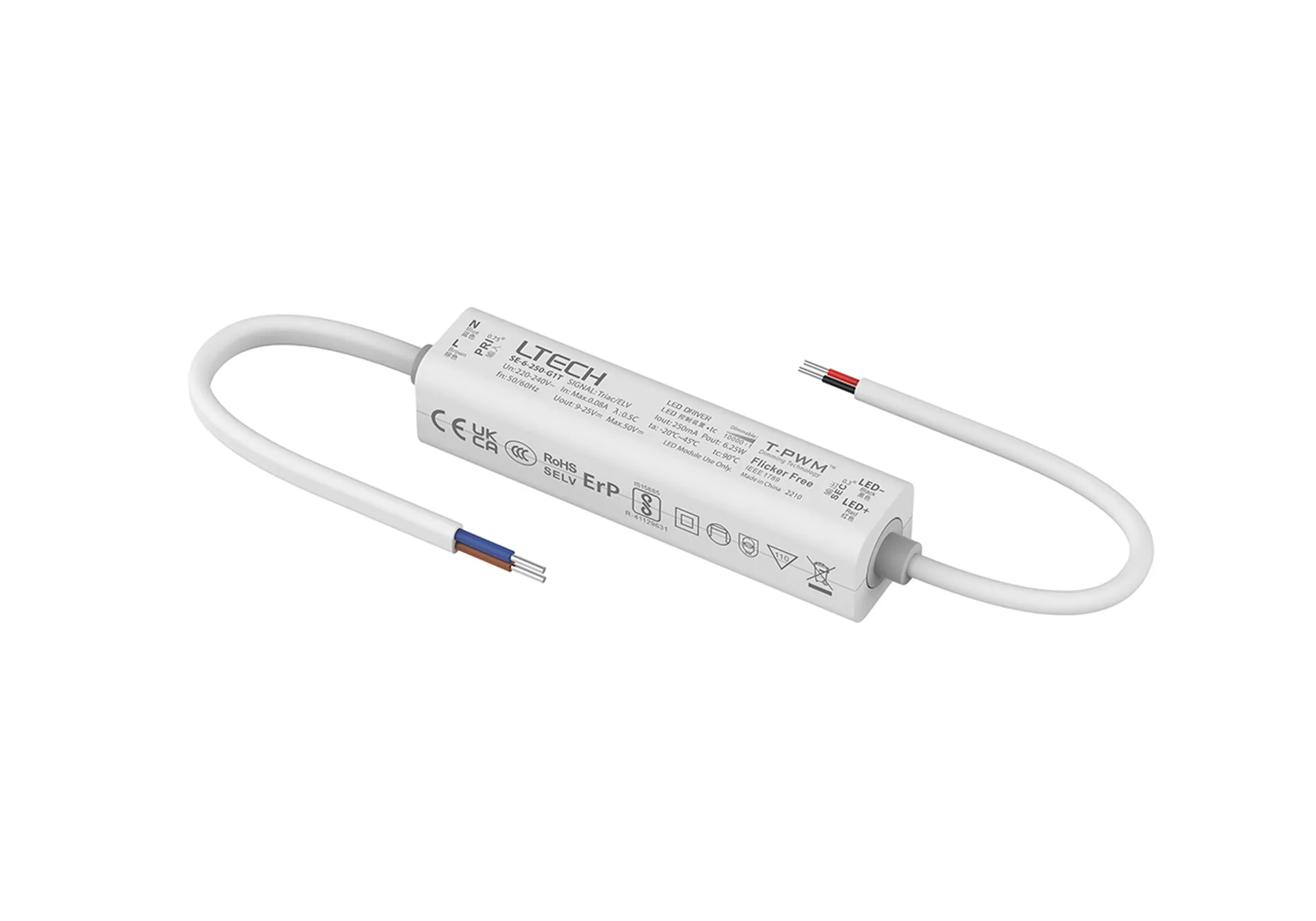 Triac/ELV, PWM,6W, C. Current Dimmable Driver, 250mA, DC:9-42Vdc, EFF>70%, IP20.